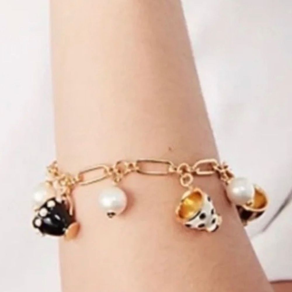 Gold-Tone Pearl & Enamel Teacup Charm Bracelet - White/Black